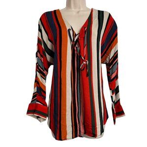 Olivaceous V Neck Tie Size Large Rayon Blouse Striped Anthropologie Blouse Top